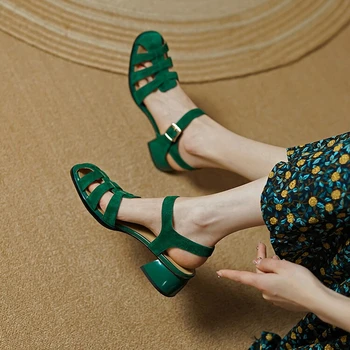 2022 Лятна Дамски Обувки, Дамски Сандали с кръгло бомбе, Ежедневни Дамски Замшевая Обувки на Римския Ток Зелен Цвят от естествена Кожа на среден ток