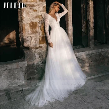 JEHETH Секси Сватбена рокля от тюл с дълъг ръкав и Илюзия Отзад, Плажна Сватбена рокля с Кружевными Апликации, Сватбената рокля Трапецовидна форма с V-образно деколте сватбена рокля 2022
