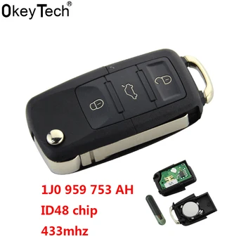 OkeyTech Автомобилен ключ с 3 Бутона 434 Mhz Панти Ключодържател с празни Острие ID48 чипове K17 са Подходящи За VW, SKODA и SEAT 1J0 959 753 DA 1J0 959 753 AH