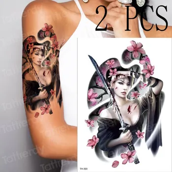 временна татуировка гейша японски самурай татуировки листове татуировки подвижна водоустойчива татуировка стикер върху тялото на жената в насипно състояние, 2 бр./лот