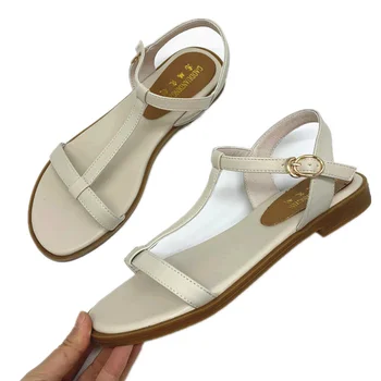 Дамски Сандали на равна подметка с Т-образно каишка От Естествена, Телешка кожа, Лятото на 2022, Нова Дамски Ежедневни Дамски Обувки в Бяло и Златен цвят, Черен Удобни Обувки