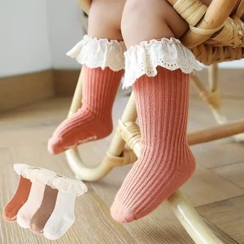 Детски Чорапи За Новородени, Дантелени Чорапи До Коляното За Малки Момичета, Нескользящие Памучни Маркови Дълги Чорапи За Деца 0-3 Години