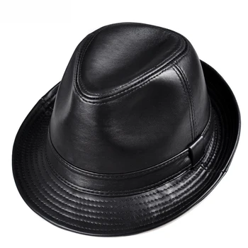 Есенно-зимна мъжка кожена шапка с голяма периферия, мъжки джаз шапка, джентълменско цилиндър, шапка от овча кожа, ежедневни шапка на средна и напреднала възраст