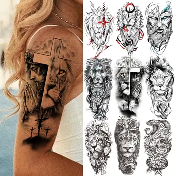 Кръст Лъв Временни Татуировки За Жени, Мъже, Деца, Възрастни Черна Змия Бог Татуировки Реалистични Фалшиви Зъл Демон 3D Цвете Татуировка Стикер