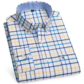 Мъжки ризи в клетка от 100% памук с дълъг ръкав в клетката, с едно накладным джоб, стандартна засаждане, ежедневни Оксфорд риза в Райе копчета