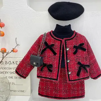 Продажби на дребно, Нов модерен Празничен комплект за малки момичета, Женски Червен Коледен комплект: Палто с лък + Поли от 2 до 7 години