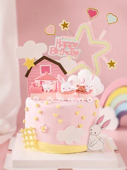 Розово Зайче Влак Детска Торта Topper честит Рожден Ден, Зайо на Луната Украса на Торта за Децата Детски Вечер, за да проверите За Печене на Сладки Подаръци