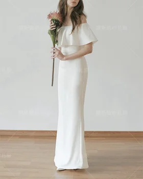 Сватбена рокля с Дължина До пода с открити Рамене 2022 Корейското Атласное Рокля-Калъф с Ръкави-капачки Сватбени Рокли vestidos de mairee Сватба