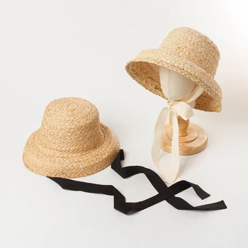 Слънчеви шапки ръчно изработени от Лико Ръчно изработени в стил ретро с плосък покрив За момичета и момчета, Лятна Солнцезащитная Дамска Шапка За пътуване, Сламена Шапка С Шнур, Лента